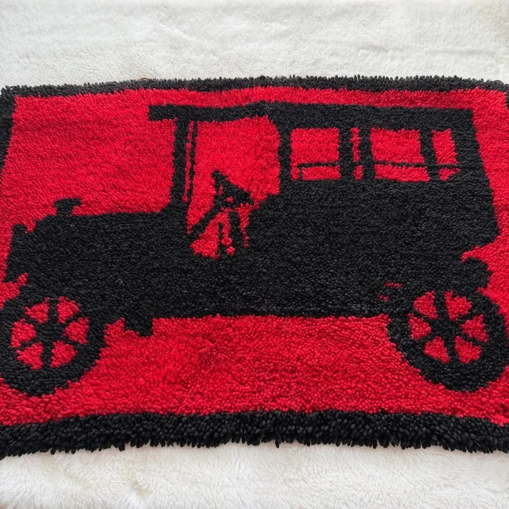 Vintage Latch Hook Rug Wall Hanging 36x24 Antique Car Red Black Textile Art